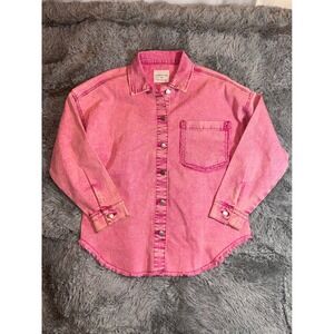 Celebrity Pink Women Pink Acid Wash Denim Shacket Oversized Raw Hem Button Up M